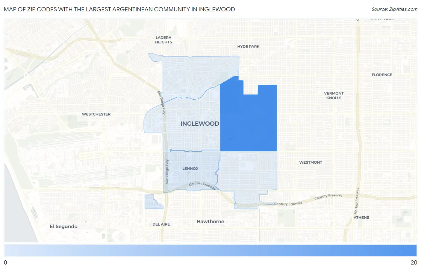 Zip Codes with the Largest Argentinean Community in Inglewood Map