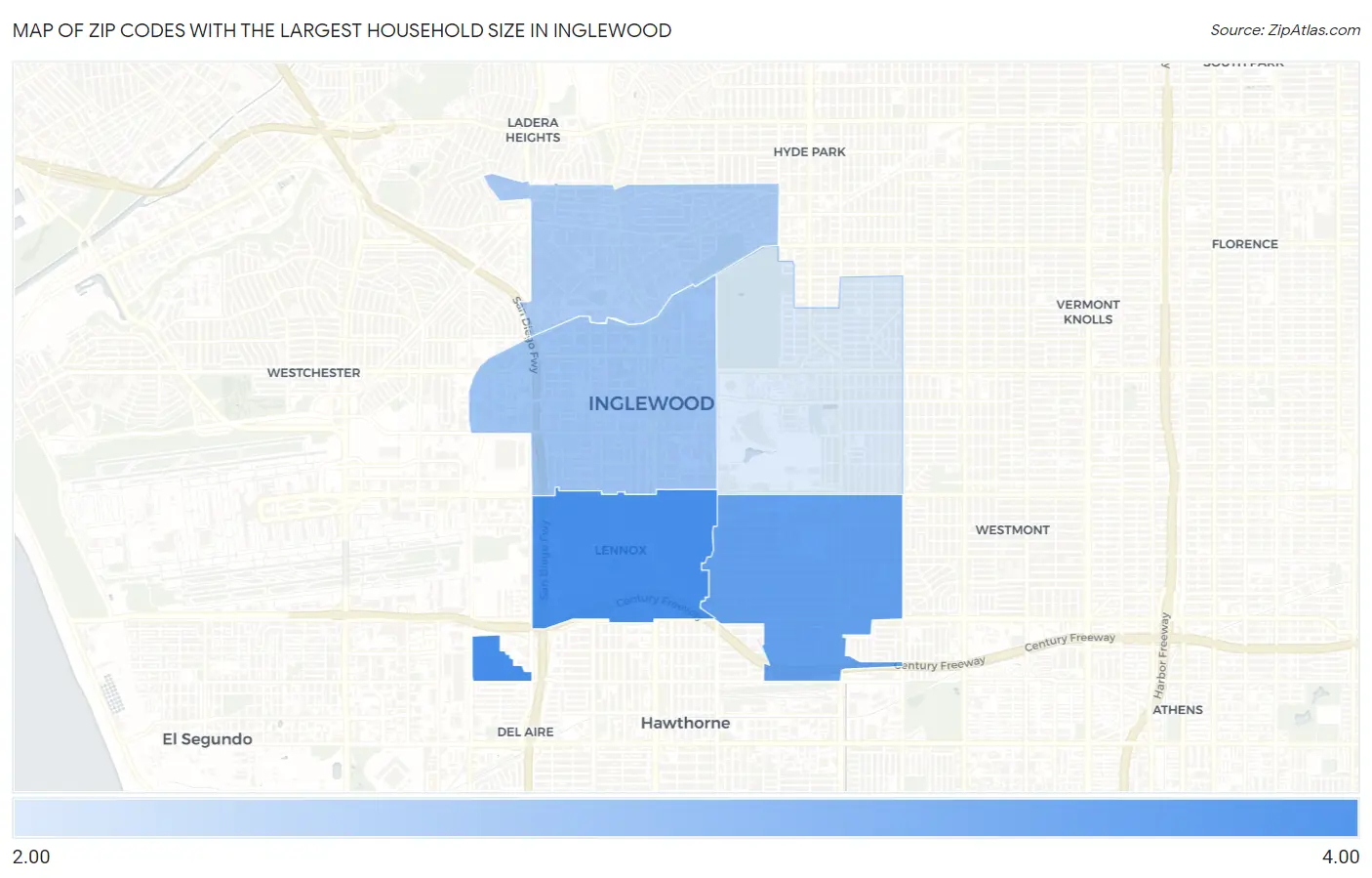 Zip Codes with the Largest Household Size in Inglewood Map