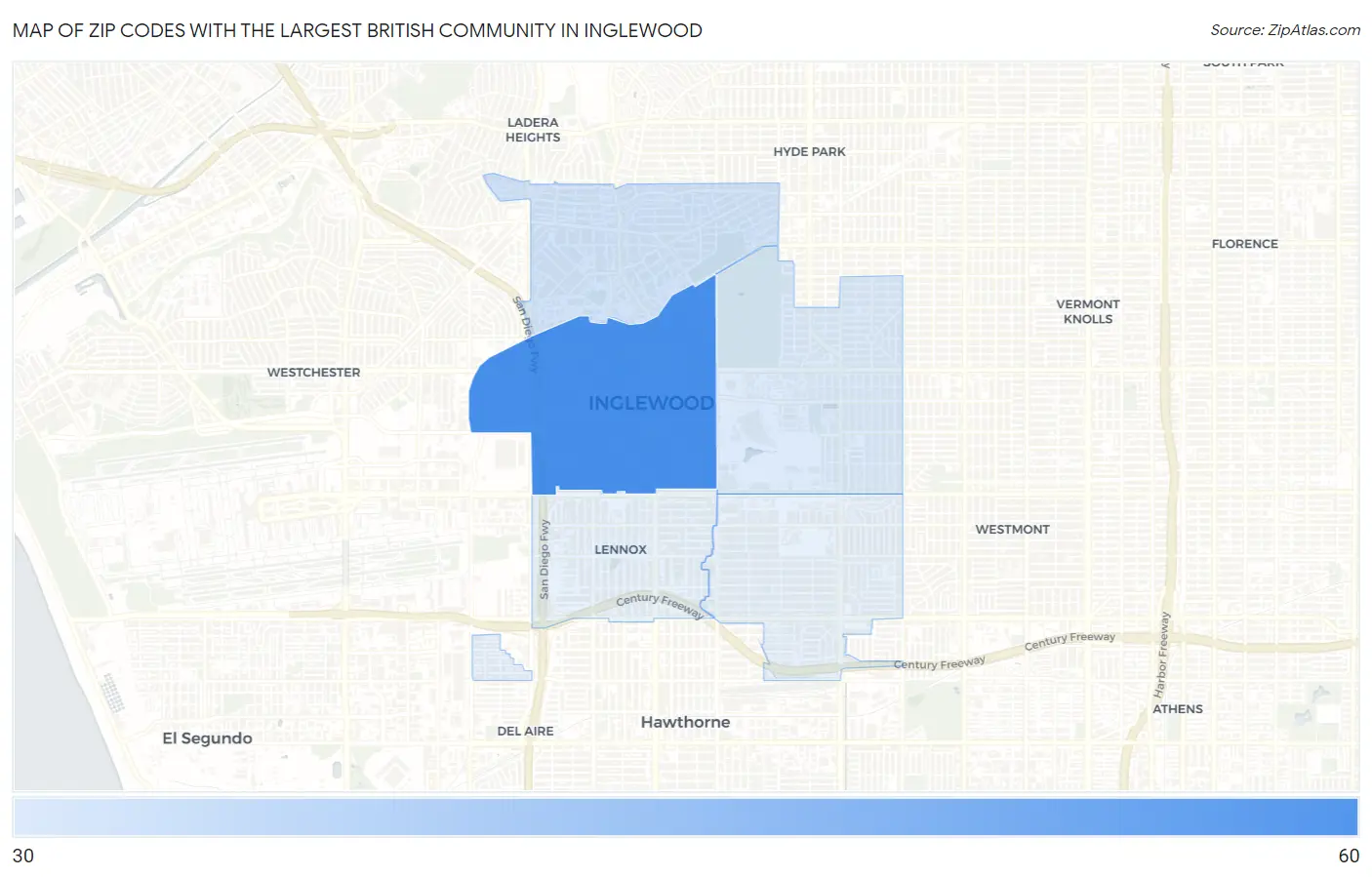 Zip Codes with the Largest British Community in Inglewood Map
