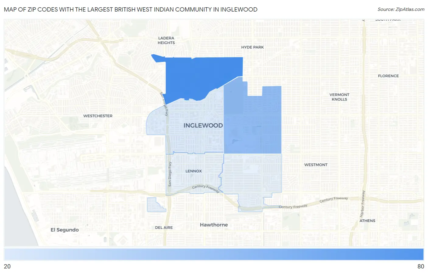 Zip Codes with the Largest British West Indian Community in Inglewood Map