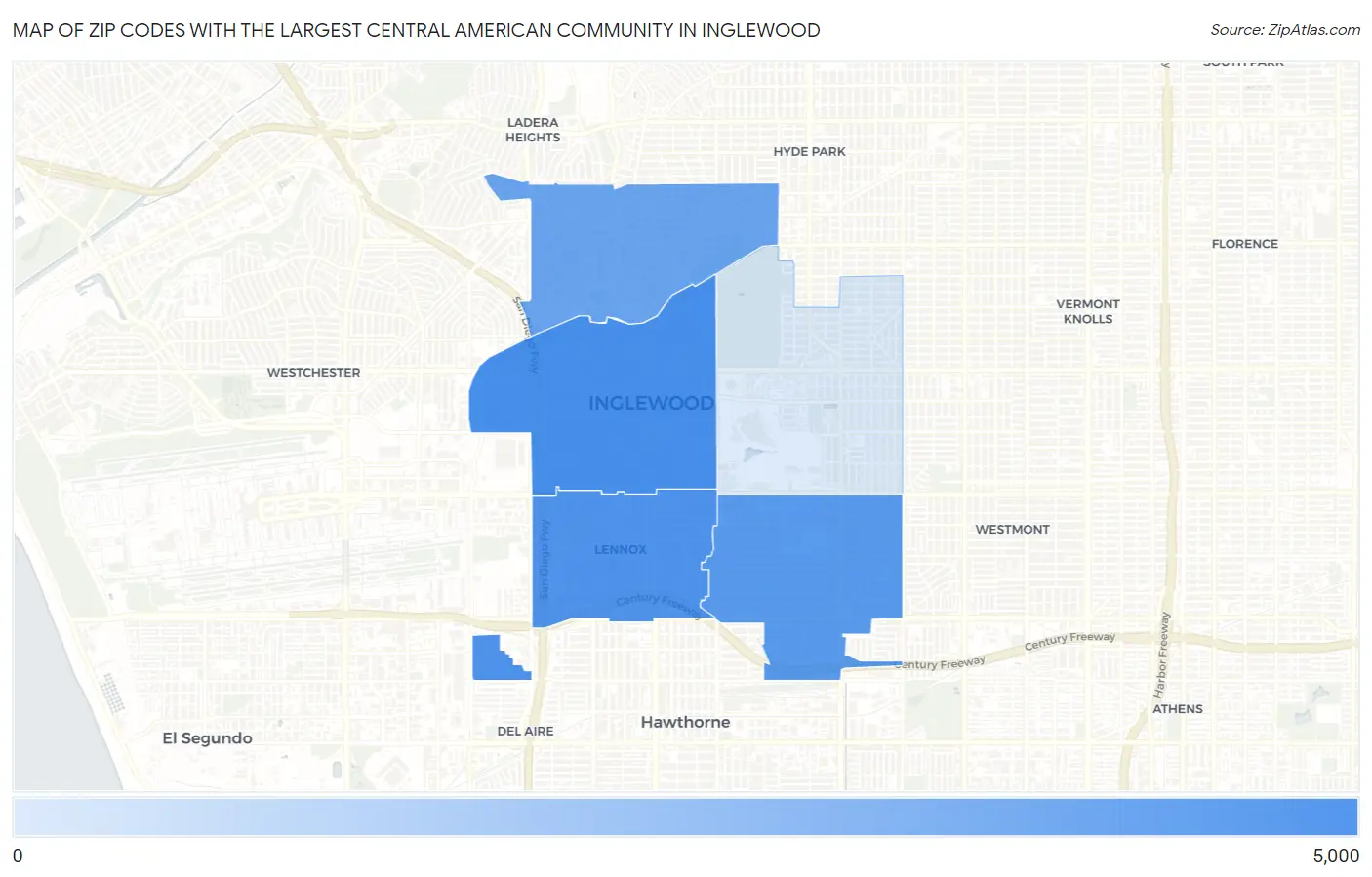 Zip Codes with the Largest Central American Community in Inglewood Map