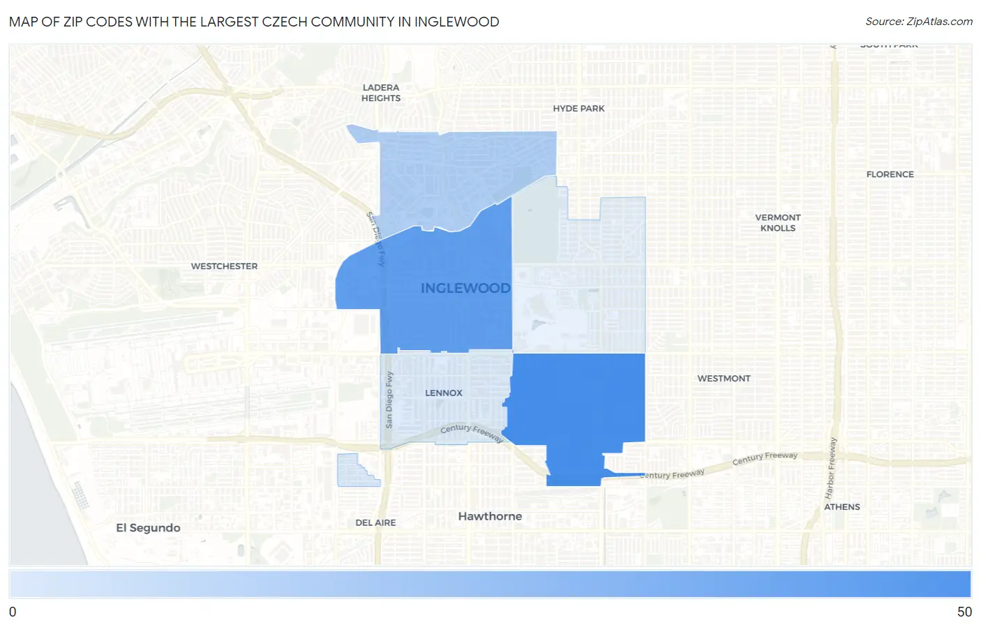 Zip Codes with the Largest Czech Community in Inglewood Map