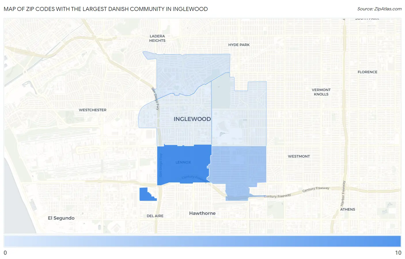 Zip Codes with the Largest Danish Community in Inglewood Map