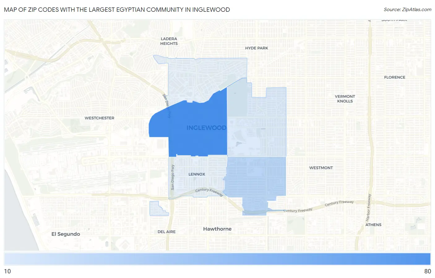 Zip Codes with the Largest Egyptian Community in Inglewood Map
