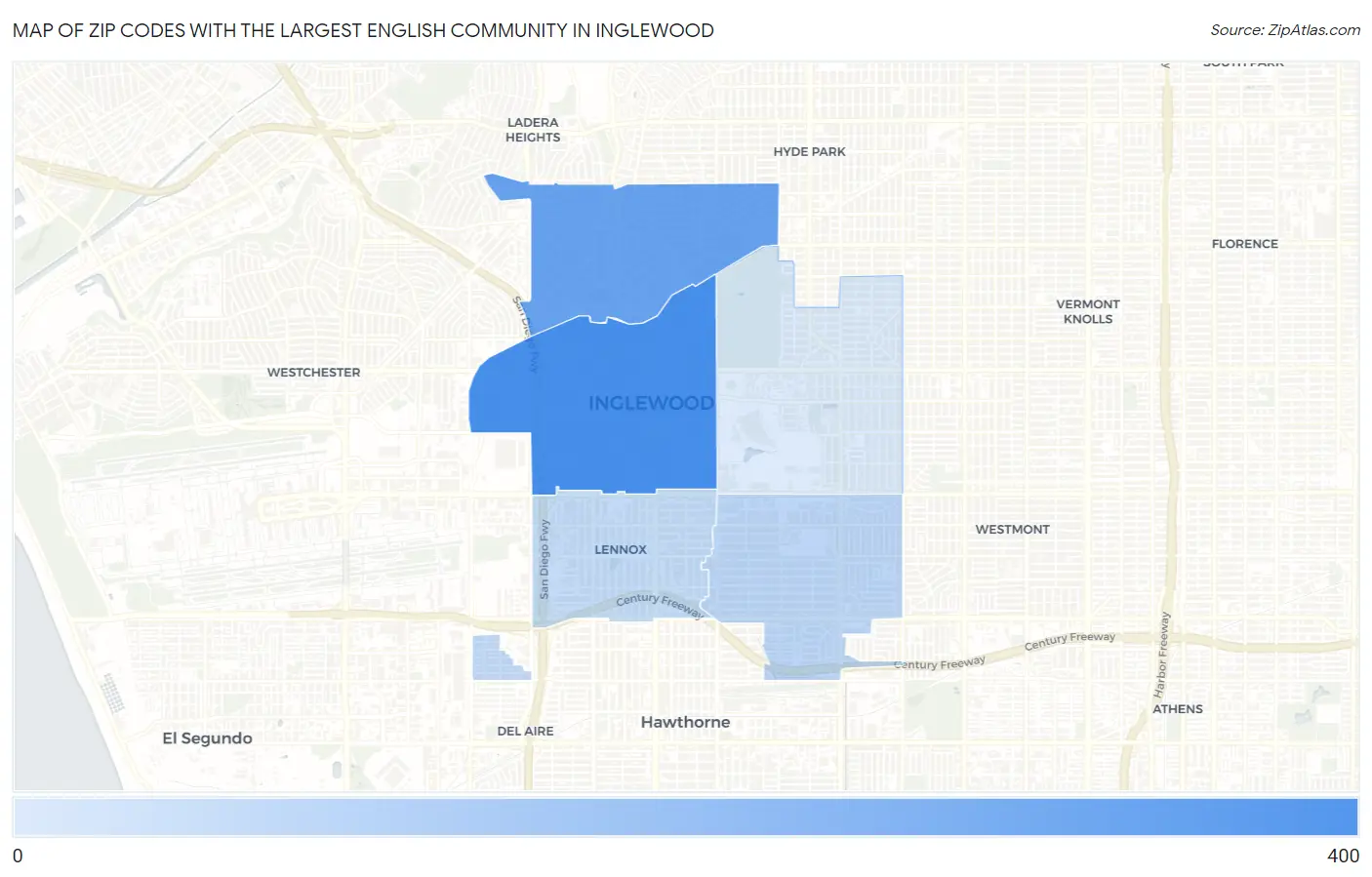 Zip Codes with the Largest English Community in Inglewood Map