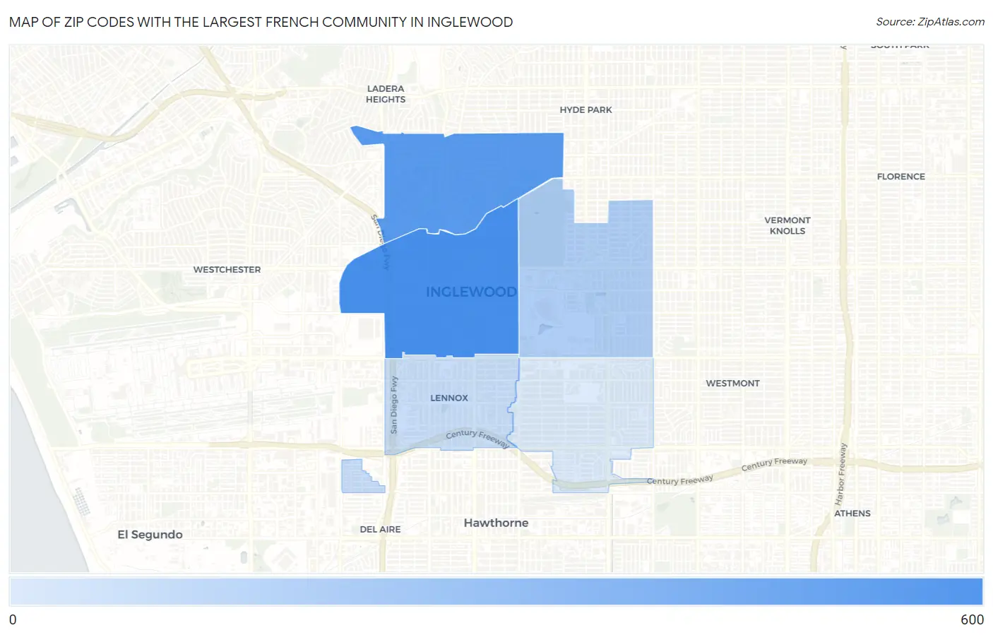 Zip Codes with the Largest French Community in Inglewood Map