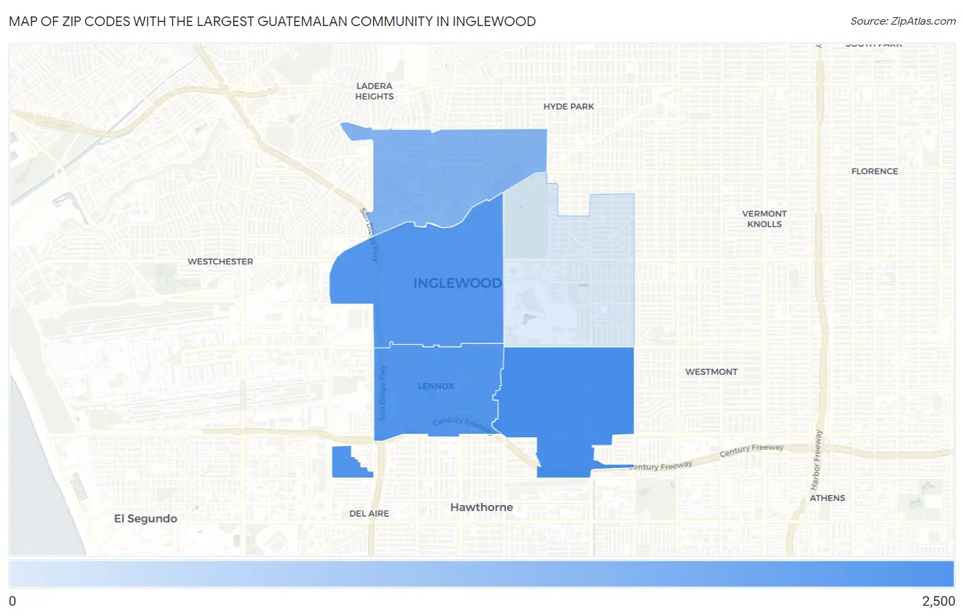 Zip Codes with the Largest Guatemalan Community in Inglewood Map