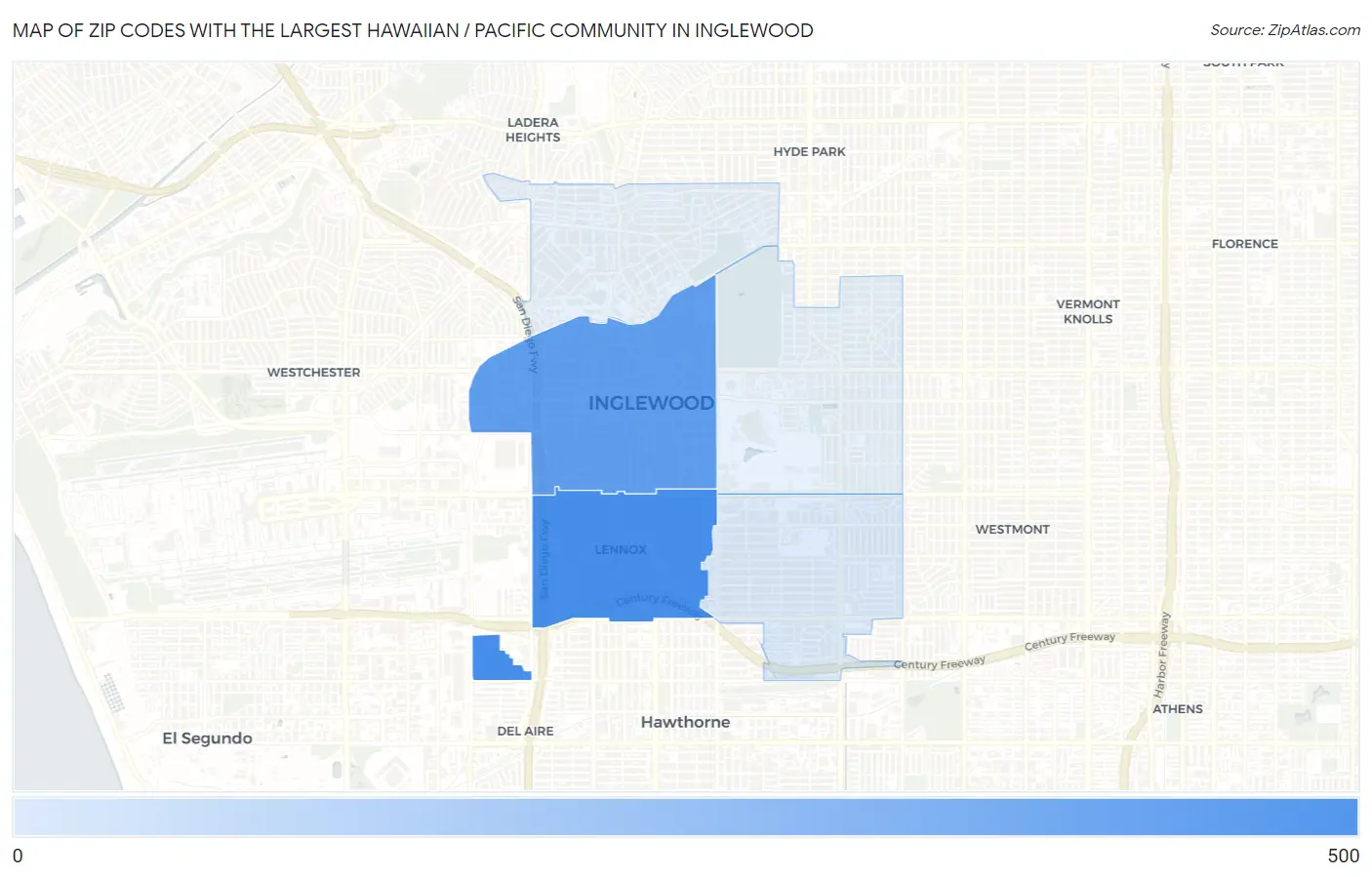 Zip Codes with the Largest Hawaiian / Pacific Community in Inglewood Map