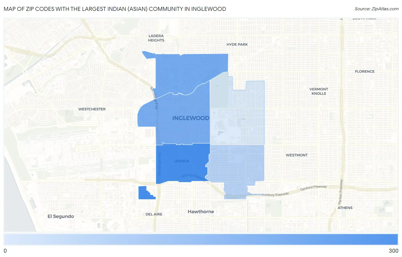 Zip Codes with the Largest Indian (Asian) Community in Inglewood Map