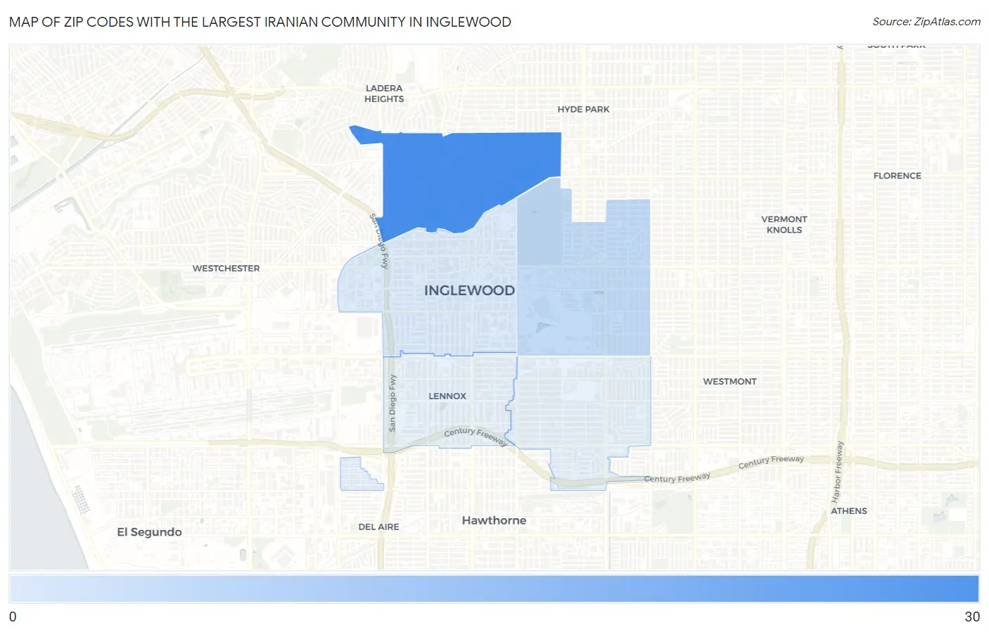 Zip Codes with the Largest Iranian Community in Inglewood Map