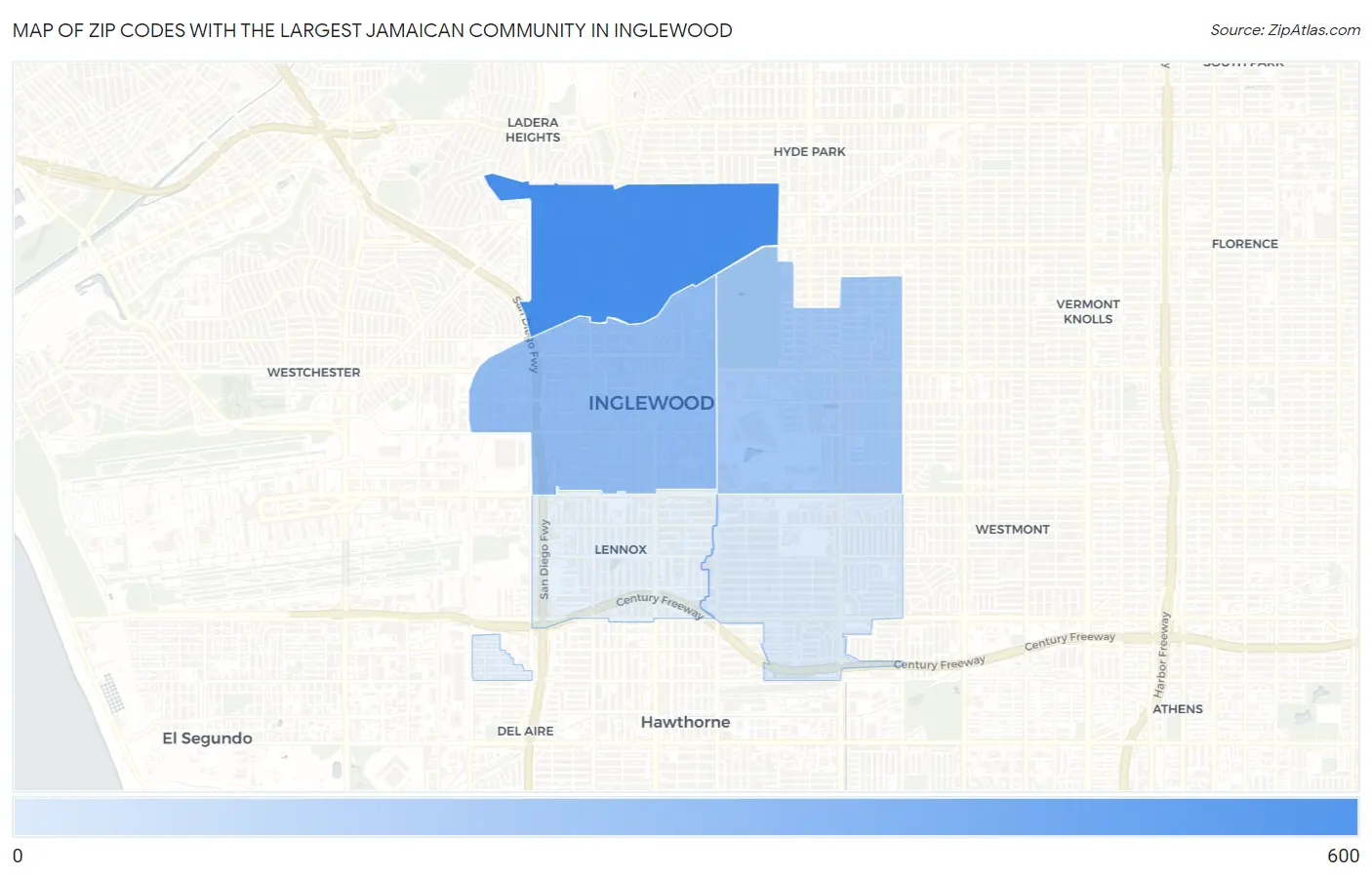 Zip Codes with the Largest Jamaican Community in Inglewood Map