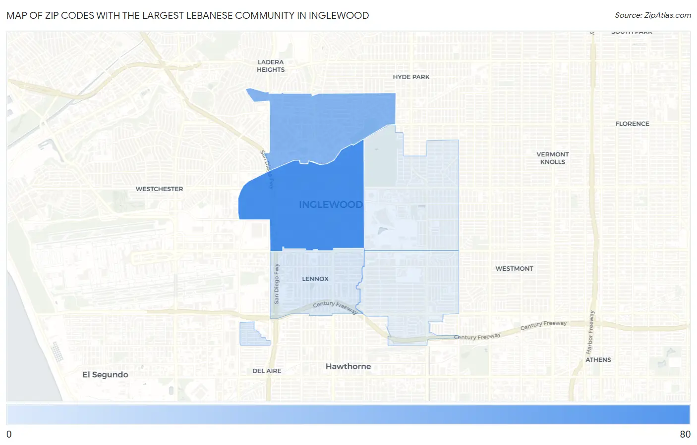 Zip Codes with the Largest Lebanese Community in Inglewood Map