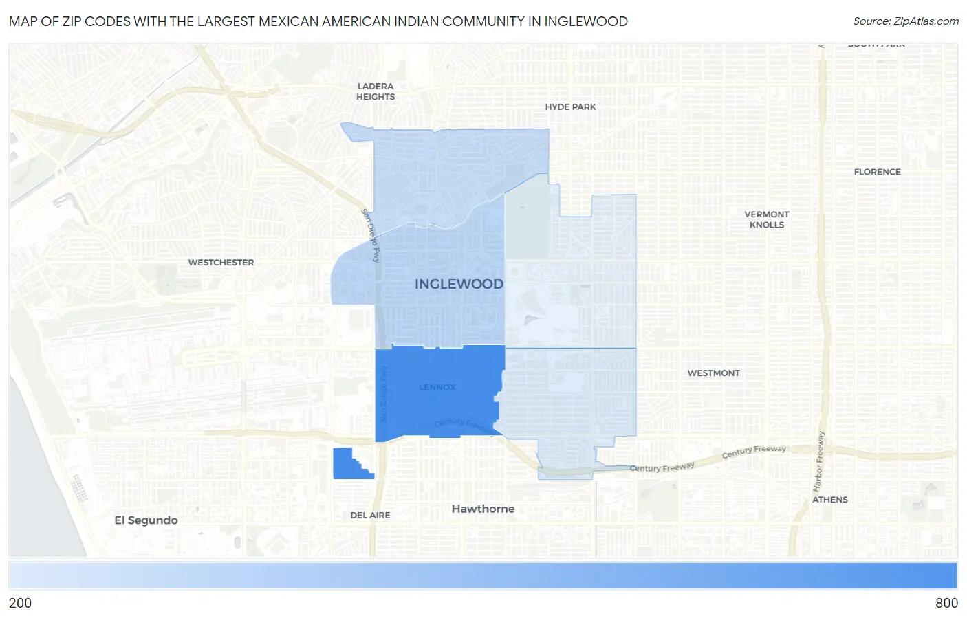 Zip Codes with the Largest Mexican American Indian Community in Inglewood Map