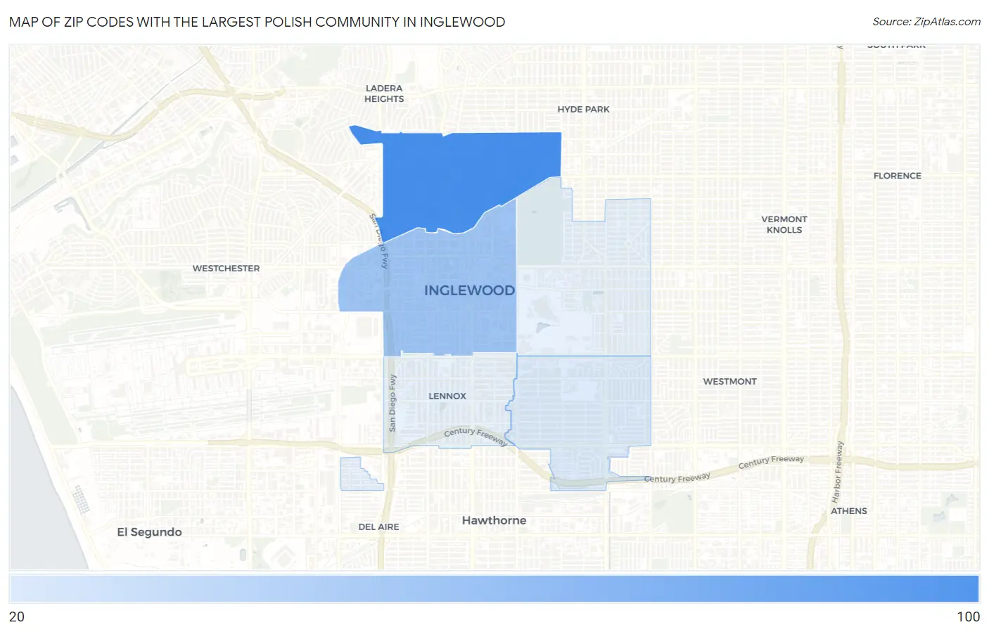 Zip Codes with the Largest Polish Community in Inglewood Map