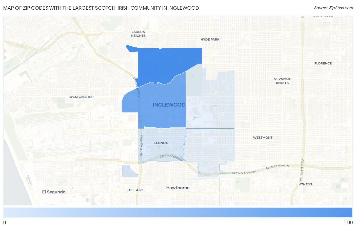 Zip Codes with the Largest Scotch-Irish Community in Inglewood Map