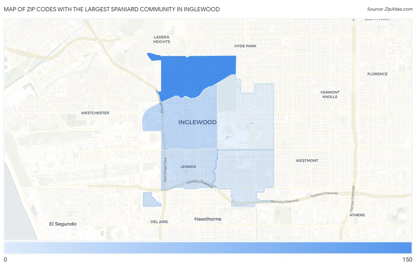 Zip Codes with the Largest Spaniard Community in Inglewood Map
