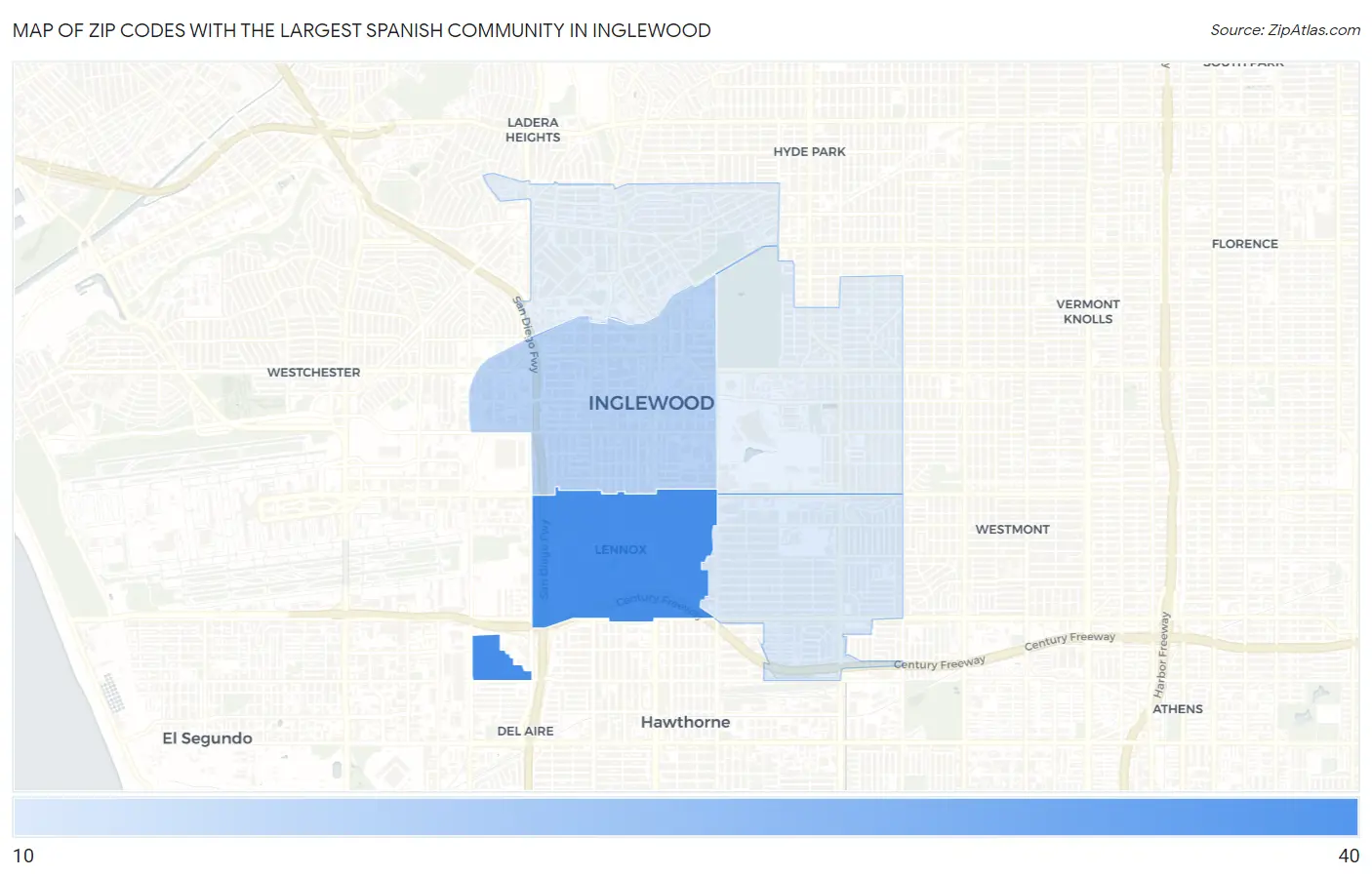 Zip Codes with the Largest Spanish Community in Inglewood Map
