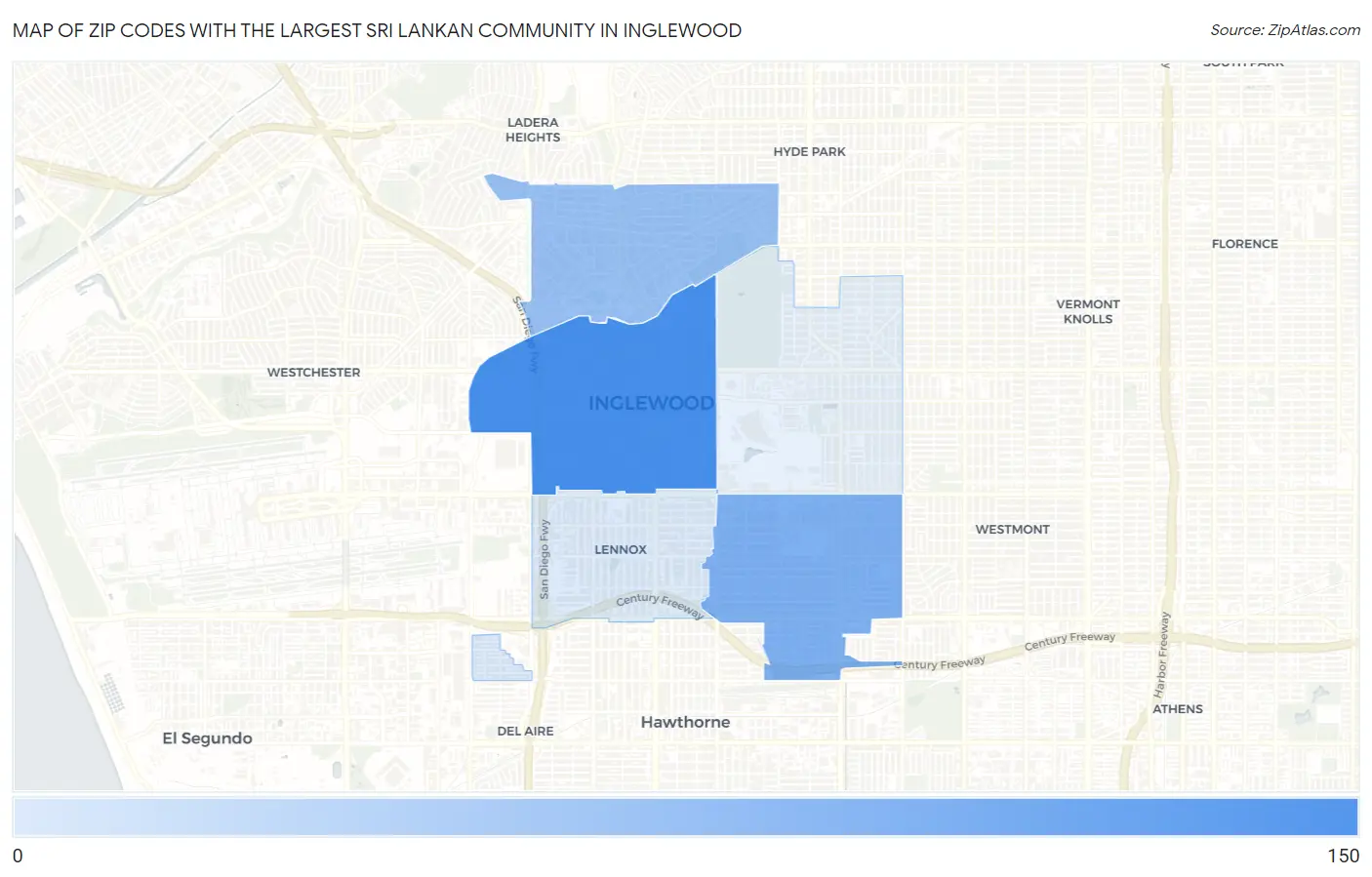 Zip Codes with the Largest Sri Lankan Community in Inglewood Map
