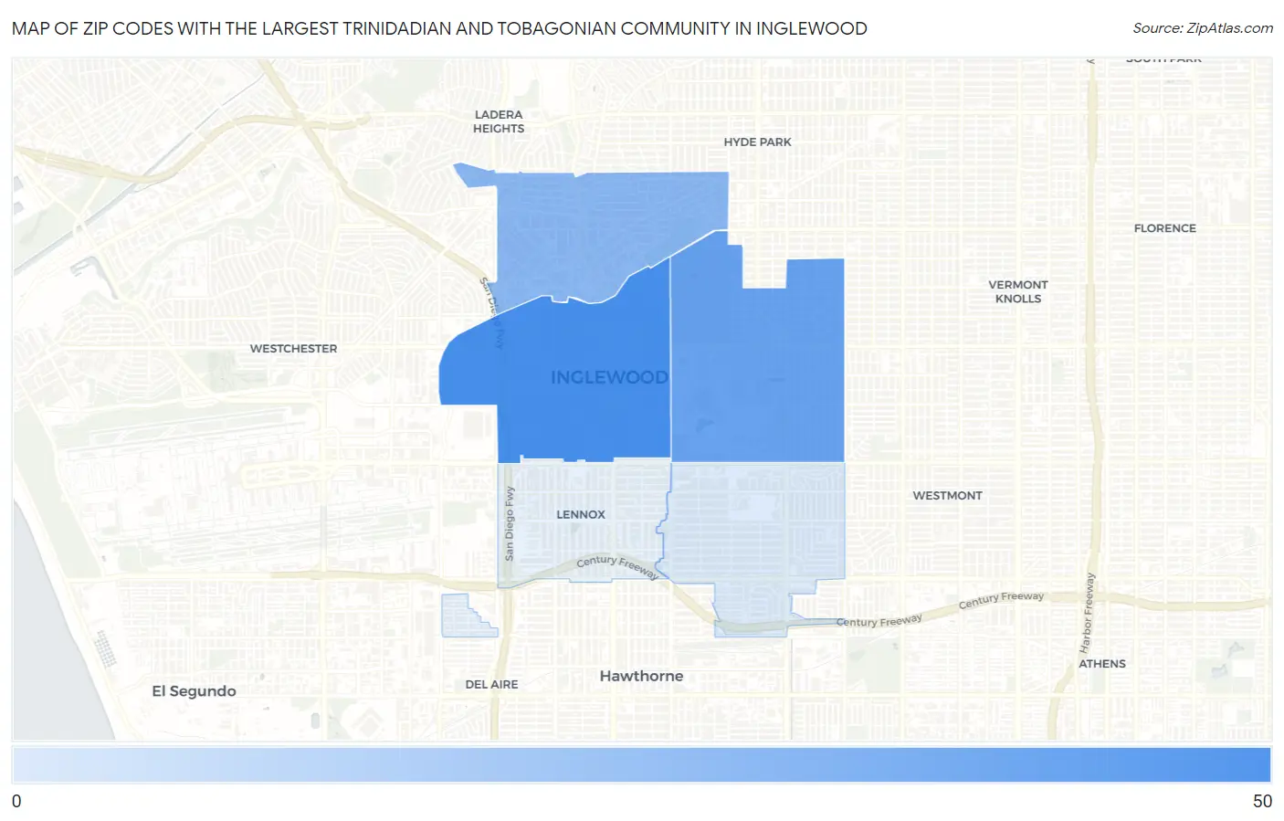 Zip Codes with the Largest Trinidadian and Tobagonian Community in Inglewood Map