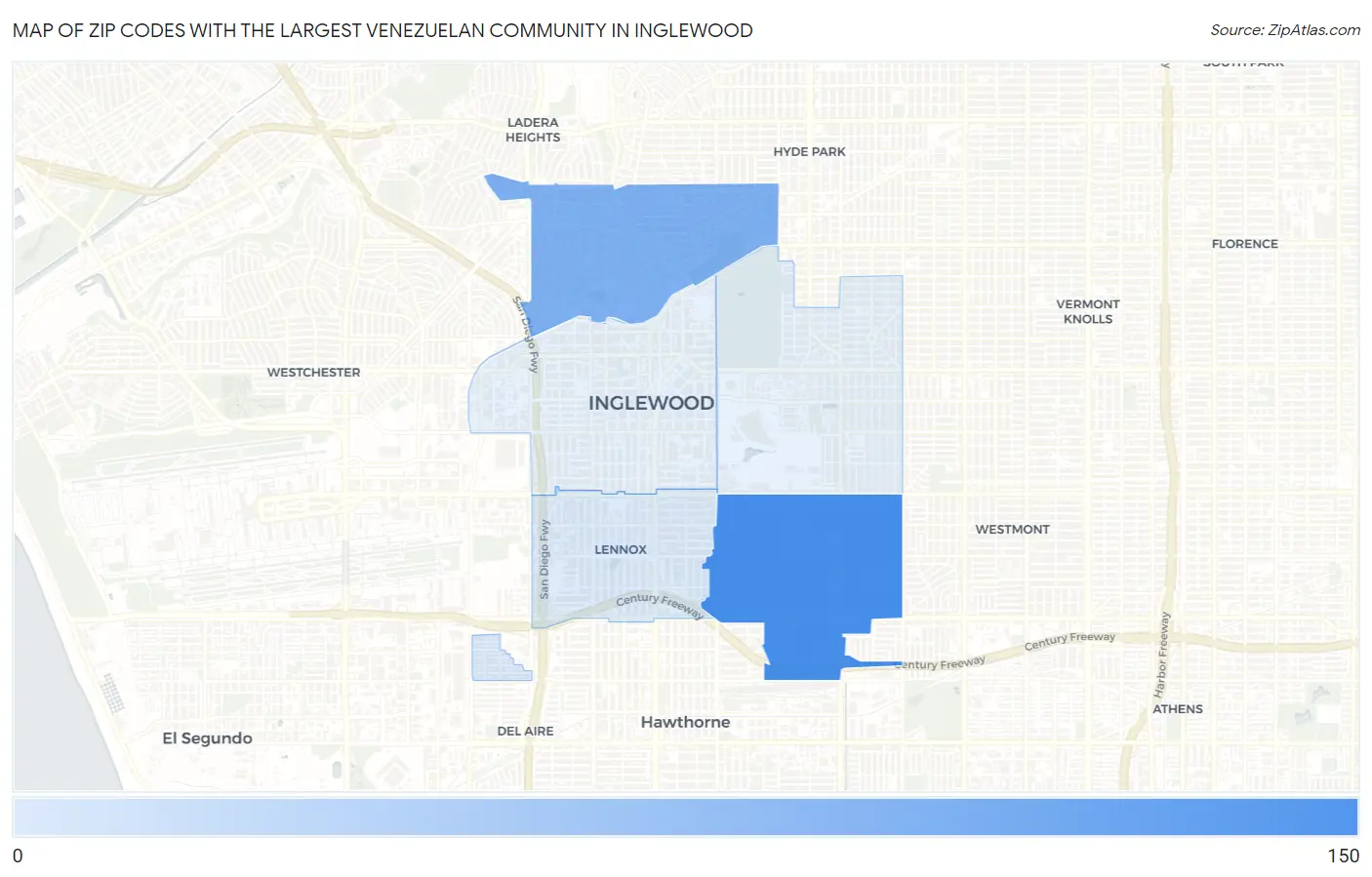 Zip Codes with the Largest Venezuelan Community in Inglewood Map