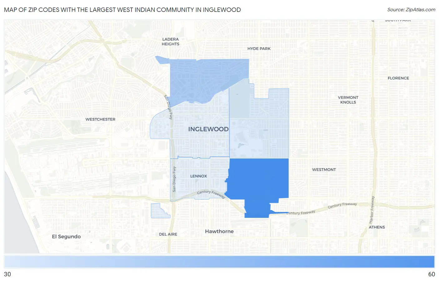 Zip Codes with the Largest West Indian Community in Inglewood Map