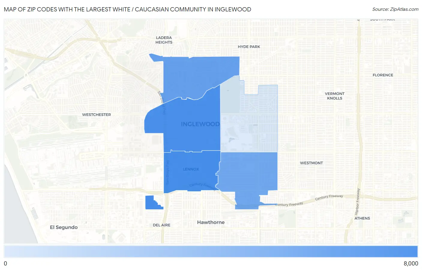 Zip Codes with the Largest White / Caucasian Community in Inglewood Map