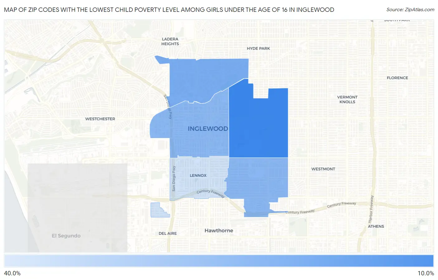 Zip Codes with the Lowest Child Poverty Level Among Girls Under the Age of 16 in Inglewood Map