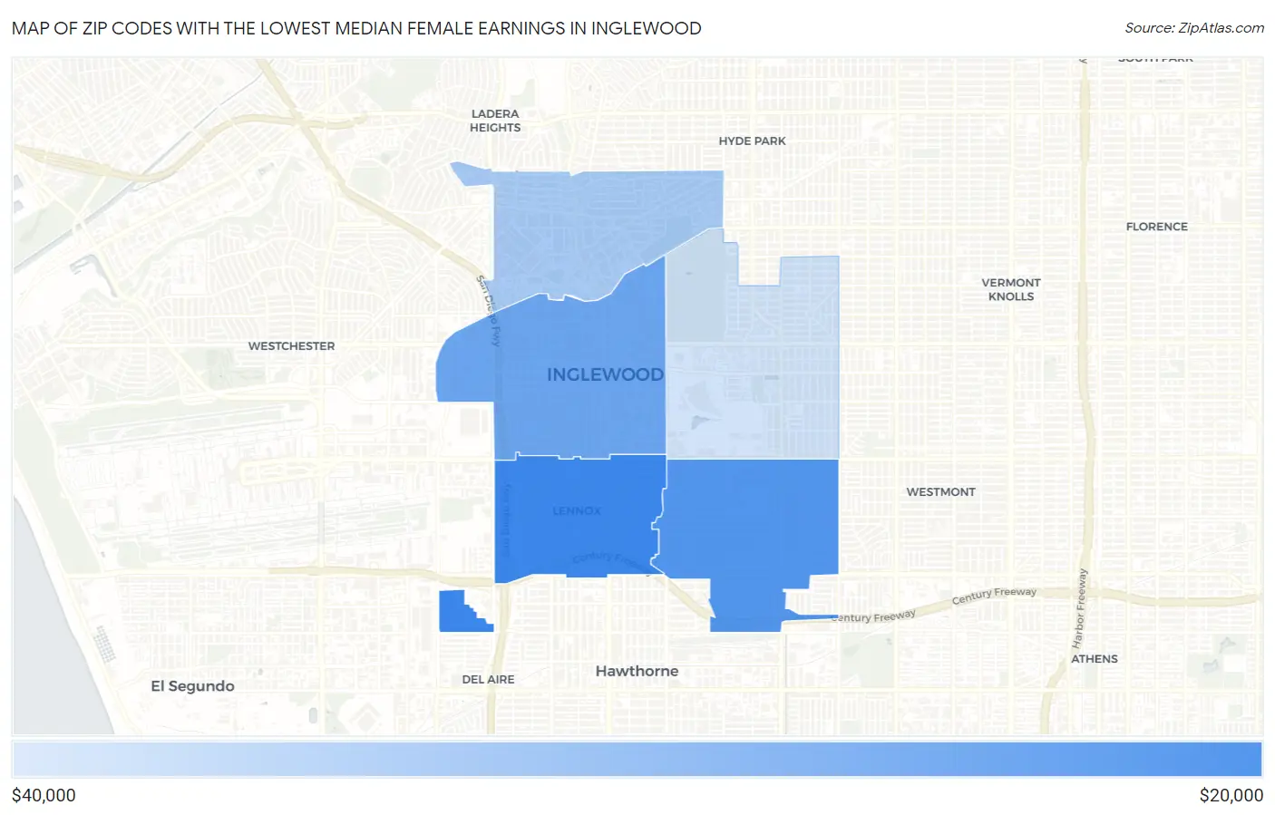 Zip Codes with the Lowest Median Female Earnings in Inglewood Map