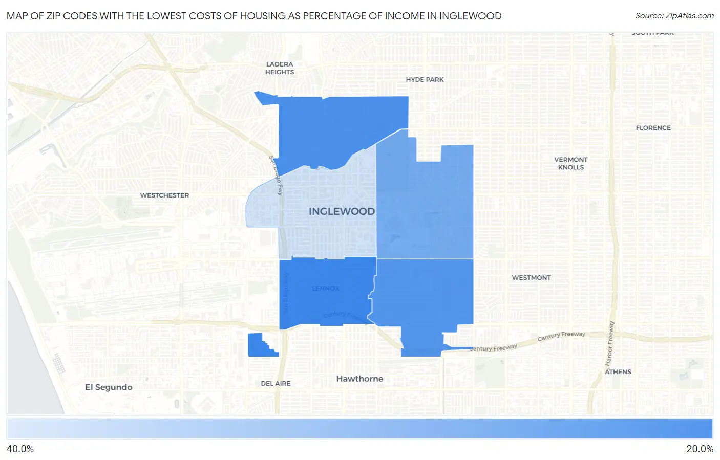Zip Codes with the Lowest Costs of Housing as Percentage of Income in Inglewood Map