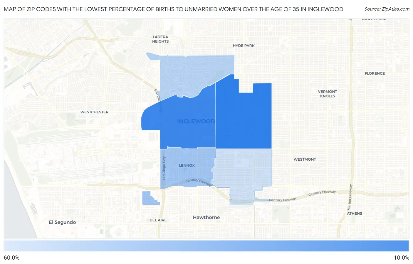 Zip Codes with the Lowest Percentage of Births to Unmarried Women over the Age of 35 in Inglewood Map