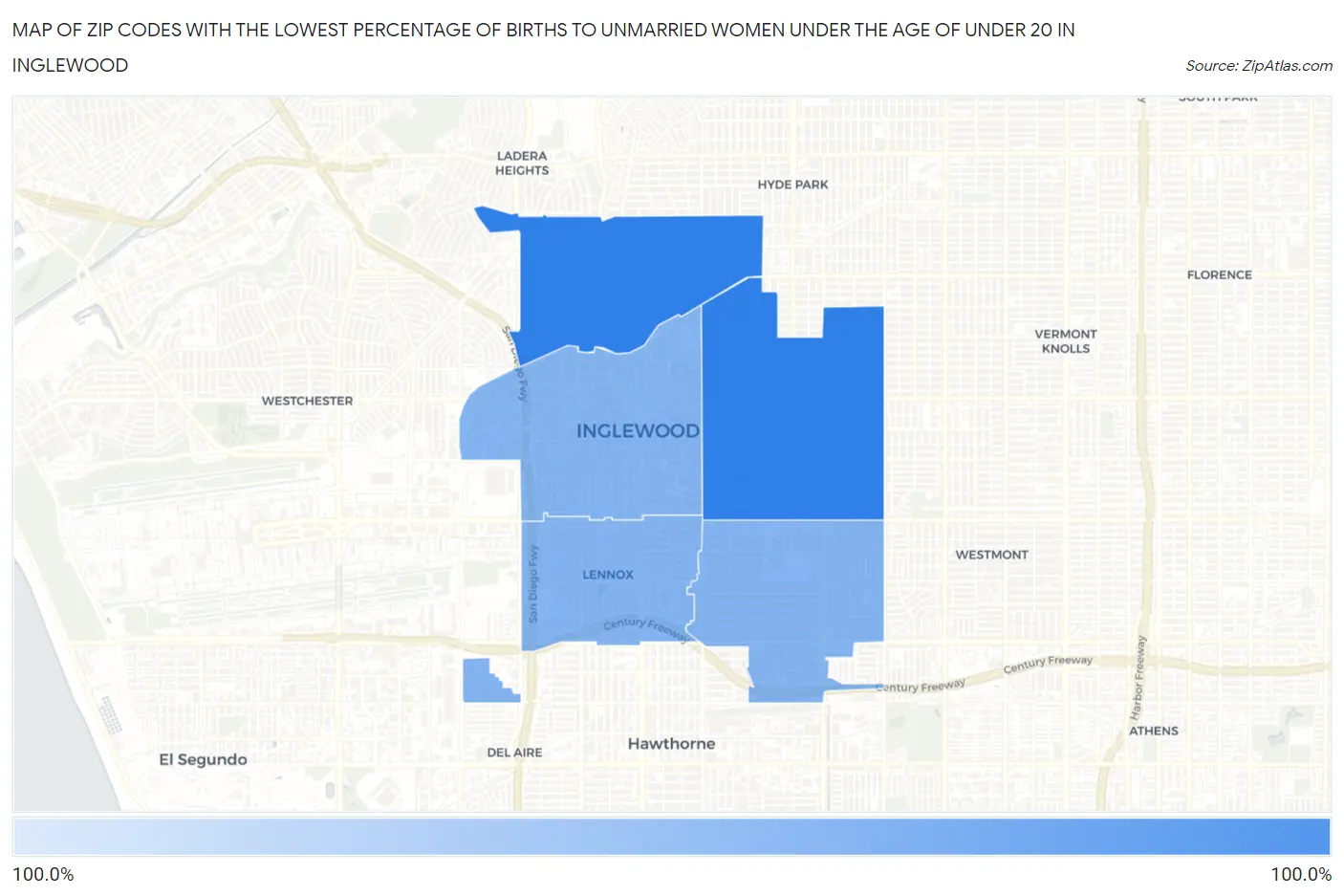 Zip Codes with the Lowest Percentage of Births to Unmarried Women under the Age of under 20 in Inglewood Map