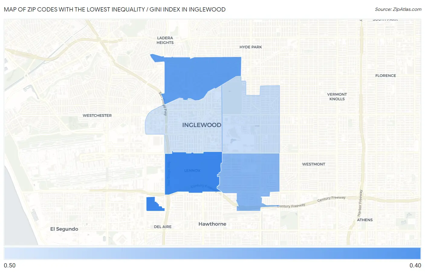 Zip Codes with the Lowest Inequality / Gini Index in Inglewood Map