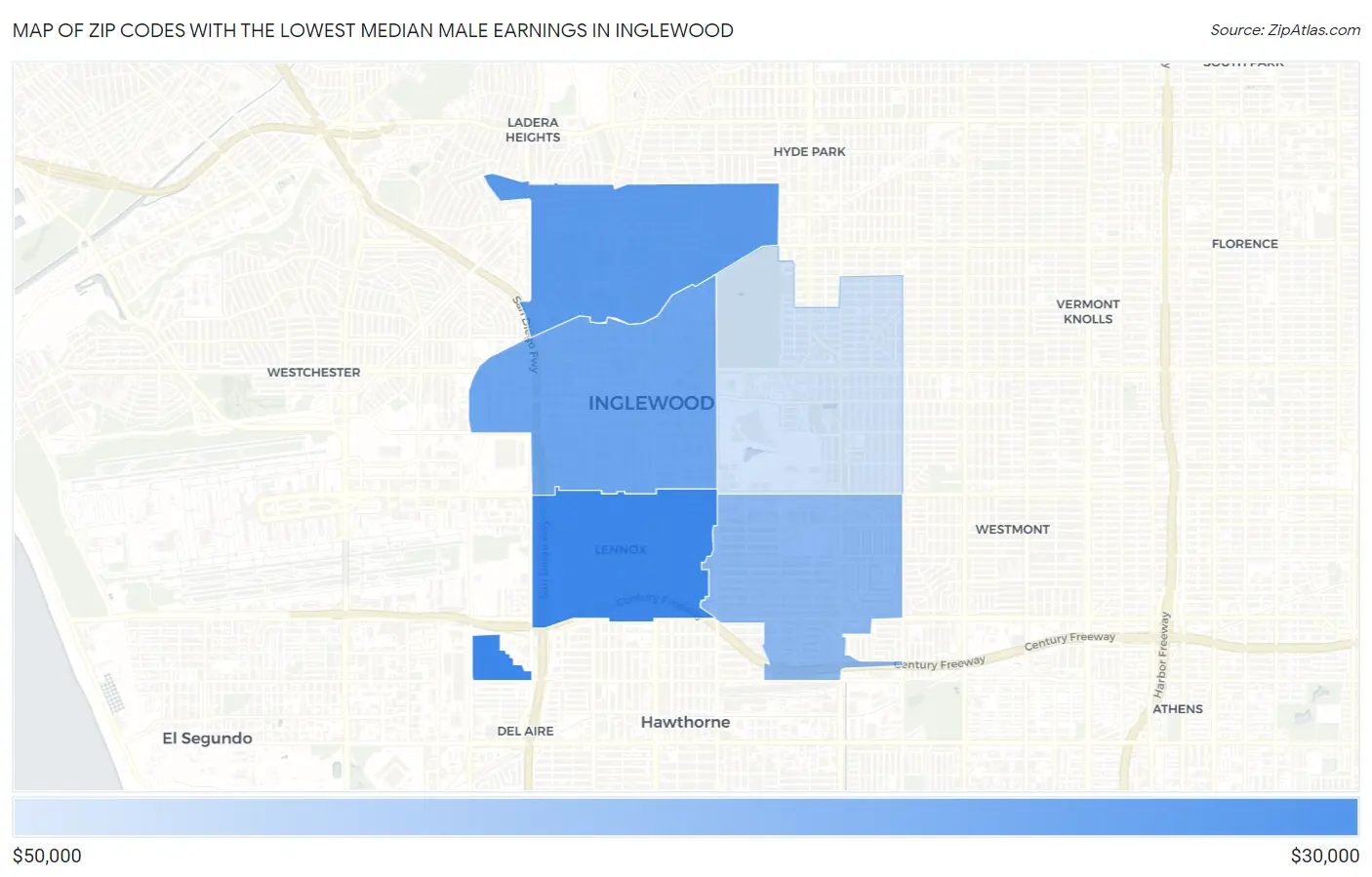 Zip Codes with the Lowest Median Male Earnings in Inglewood Map