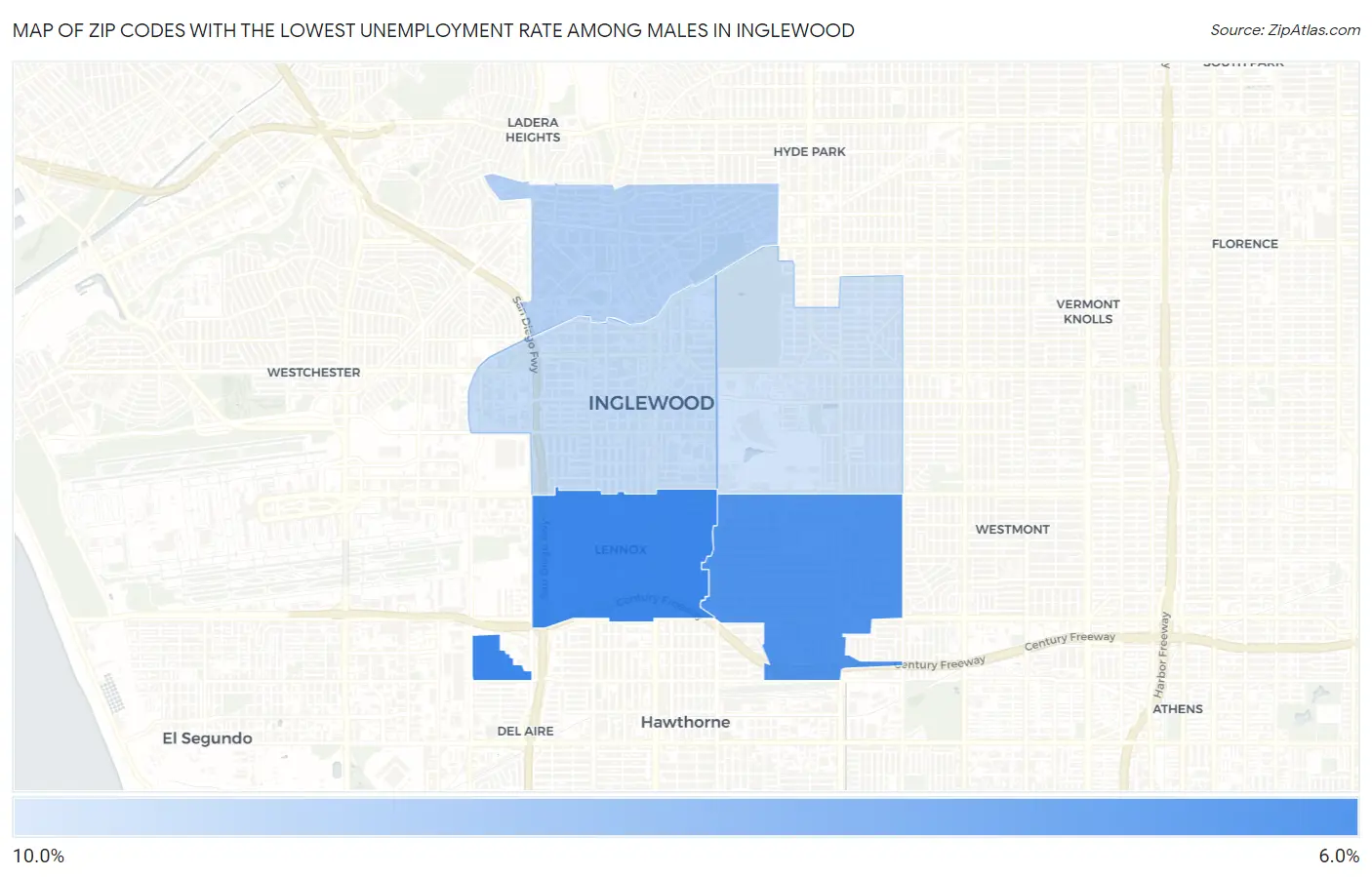 Zip Codes with the Lowest Unemployment Rate Among Males in Inglewood Map