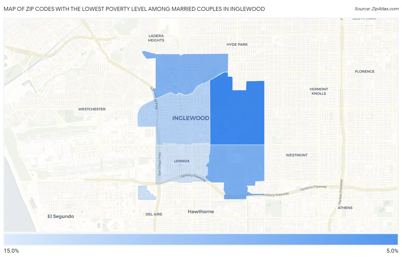 Zip Codes with the Lowest Poverty Level Among Married Couples in Inglewood Map