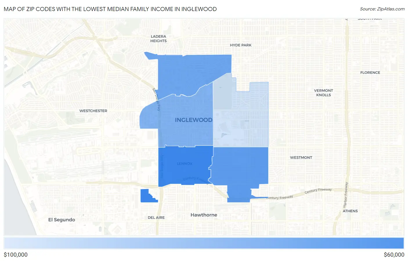 Zip Codes with the Lowest Median Family Income in Inglewood Map