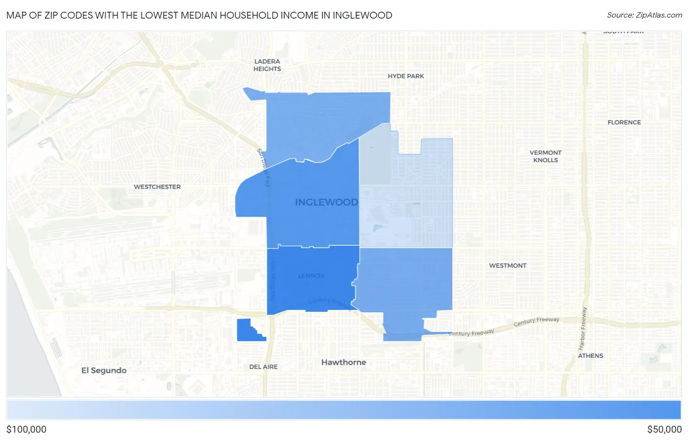 Zip Codes with the Lowest Median Household Income in Inglewood Map