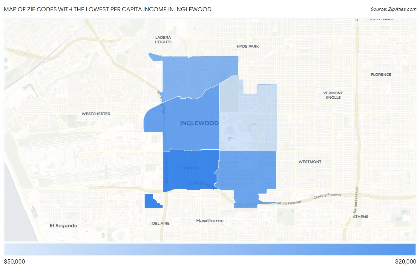 Zip Codes with the Lowest Per Capita Income in Inglewood Map