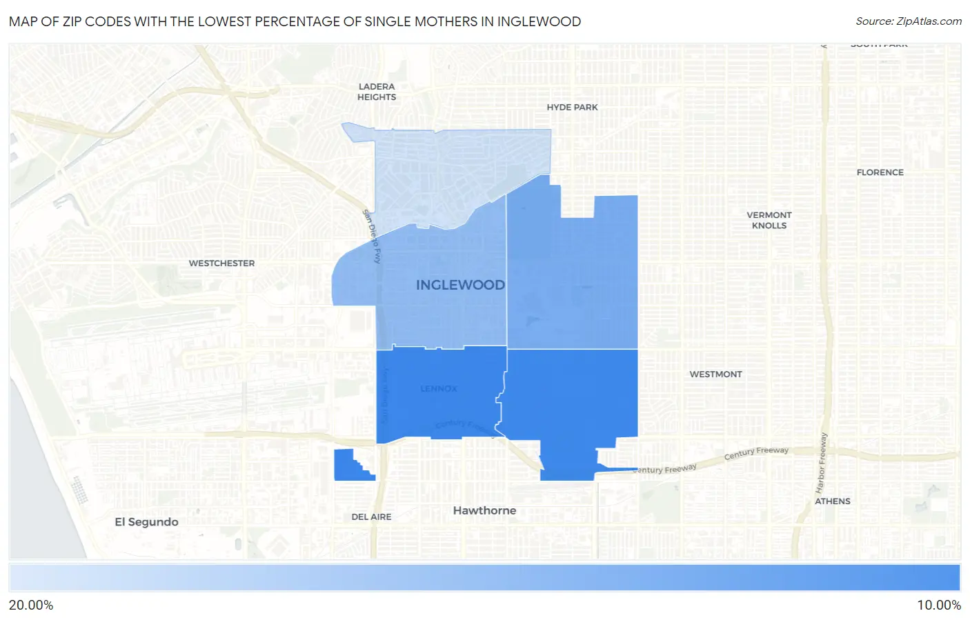 Zip Codes with the Lowest Percentage of Single Mothers in Inglewood Map