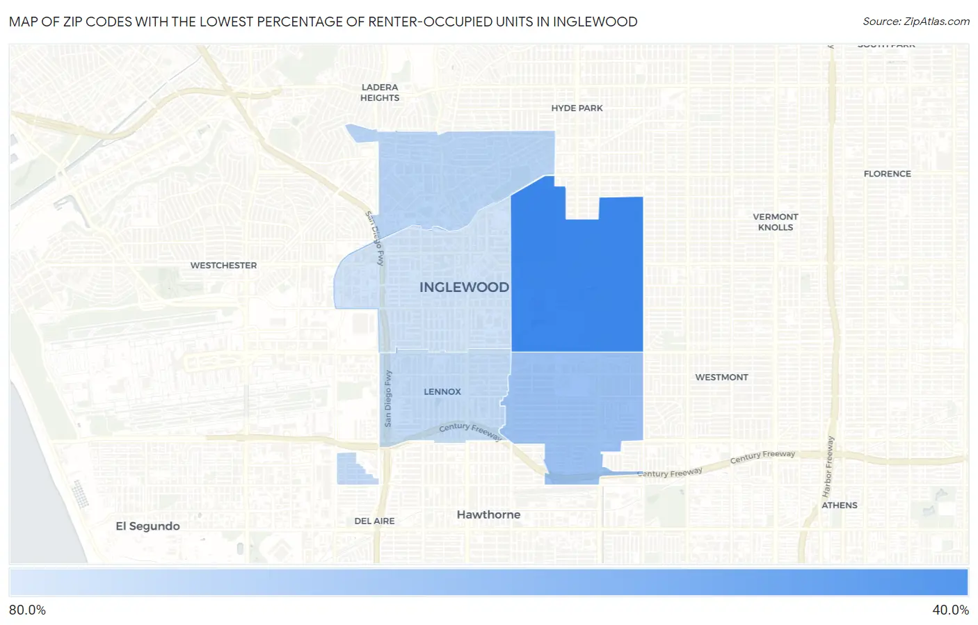 Zip Codes with the Lowest Percentage of Renter-Occupied Units in Inglewood Map