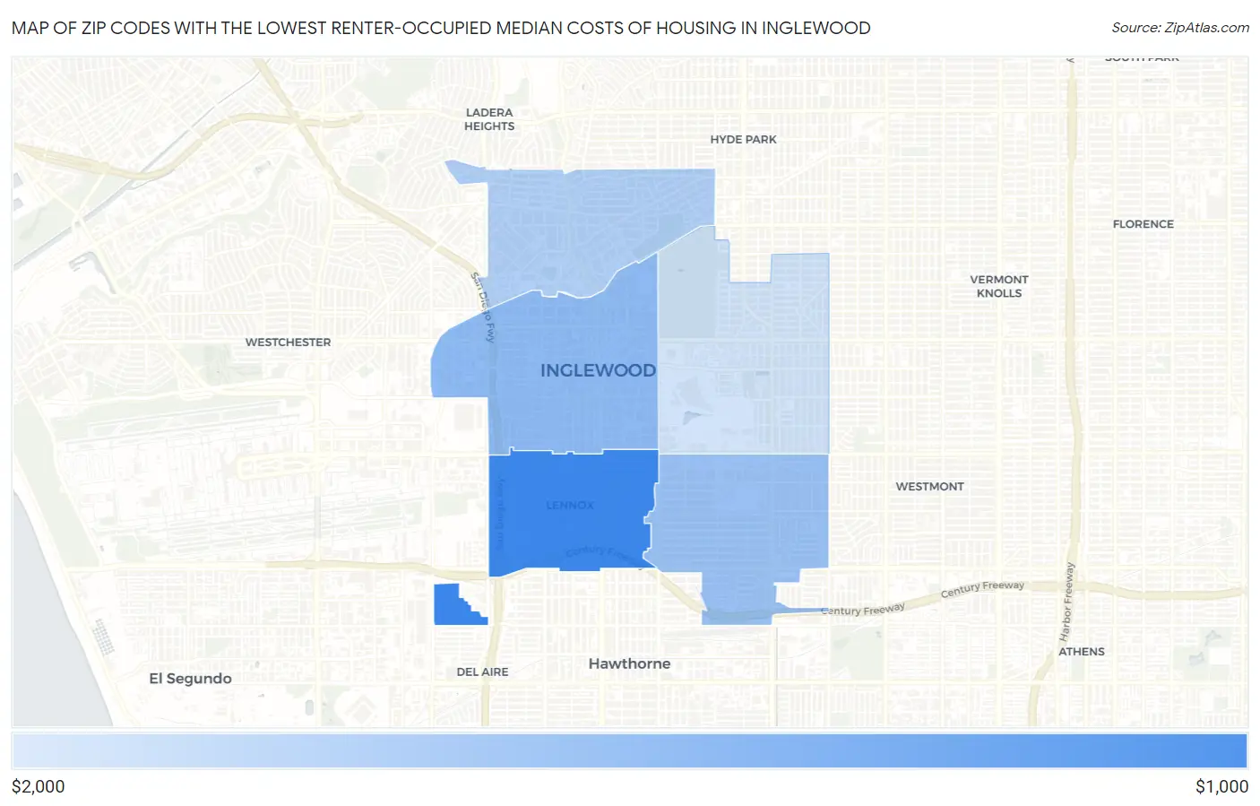 Zip Codes with the Lowest Renter-Occupied Median Costs of Housing in Inglewood Map