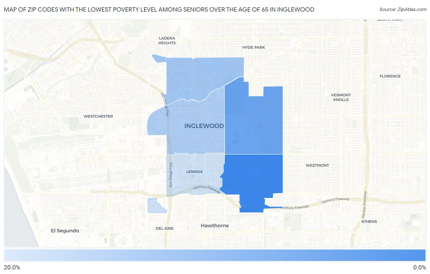 Zip Codes with the Lowest Poverty Level Among Seniors Over the Age of 65 in Inglewood Map