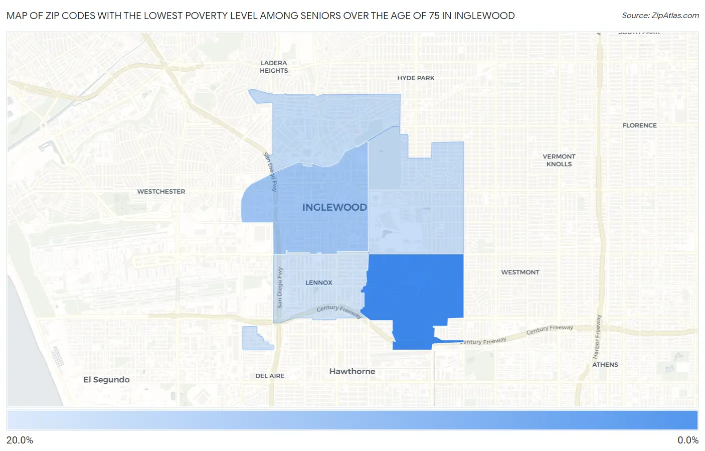 Zip Codes with the Lowest Poverty Level Among Seniors Over the Age of 75 in Inglewood Map