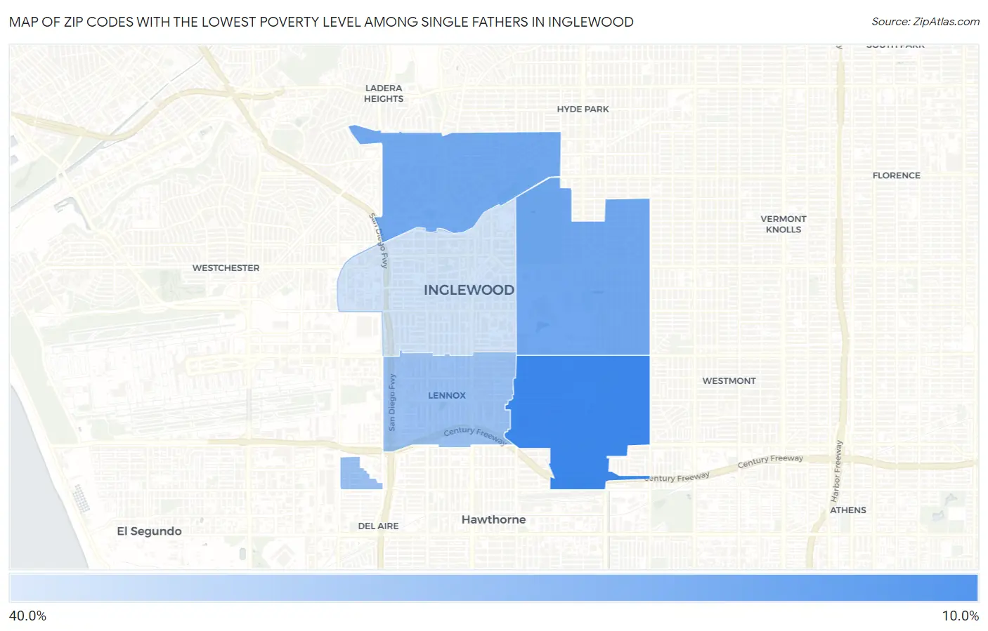 Zip Codes with the Lowest Poverty Level Among Single Fathers in Inglewood Map