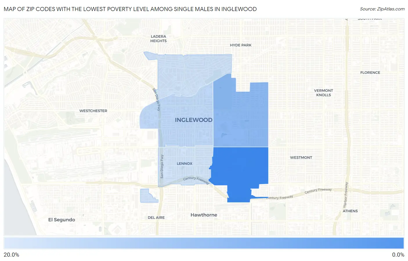 Zip Codes with the Lowest Poverty Level Among Single Males in Inglewood Map