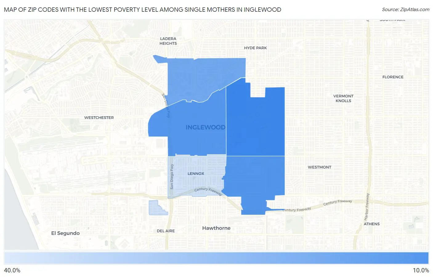 Zip Codes with the Lowest Poverty Level Among Single Mothers in Inglewood Map