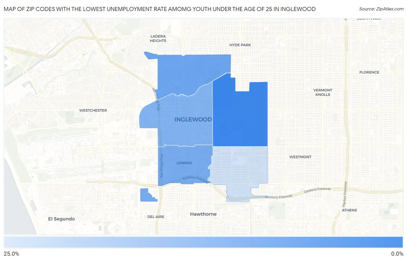Zip Codes with the Lowest Unemployment Rate Amomg Youth Under the Age of 25 in Inglewood Map