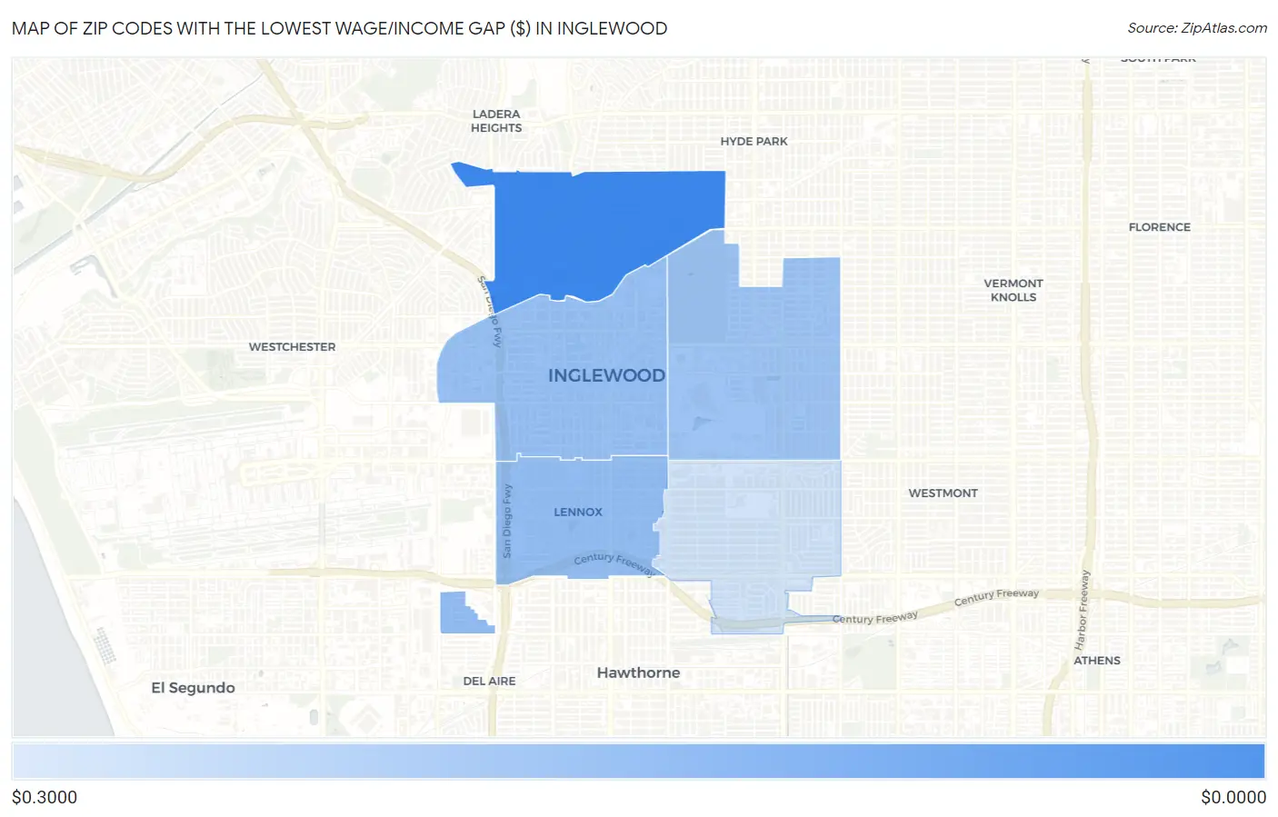 Zip Codes with the Lowest Wage/Income Gap ($) in Inglewood Map