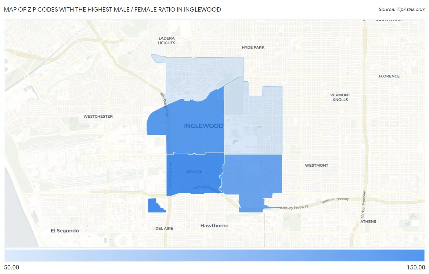 Zip Codes with the Highest Male / Female Ratio in Inglewood Map