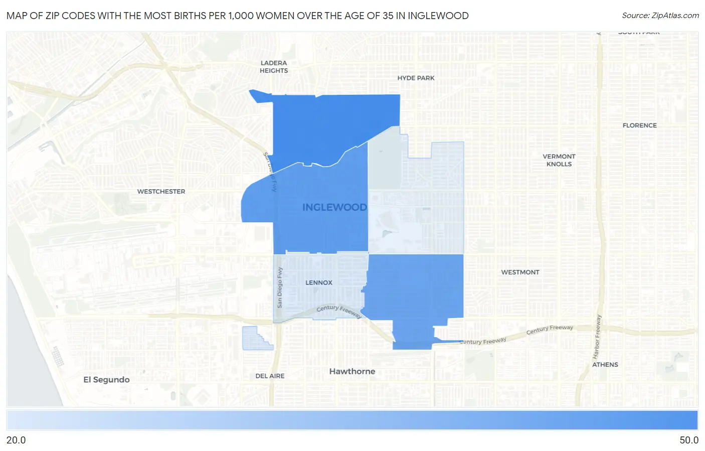Zip Codes with the Most Births per 1,000 Women Over the Age of 35 in Inglewood Map